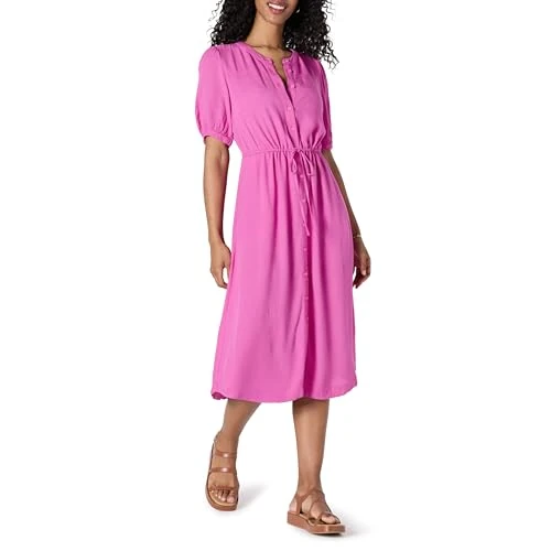 Amazon Essentials Damen Relaxed Fit Halbarm Tailliert Midi A-Linie Kleid Bright Pink X-Small