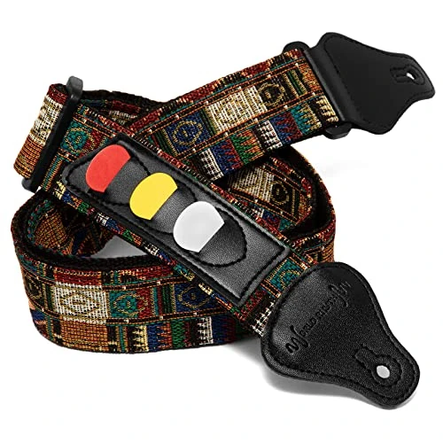 Offerta a tempo: World Rhythm WR-214 Tracolla per chitarra in cotone ricamato con motivo Aztec per chitarre elettriche, acustiche, classiche e bassi con taschini porta plettro e plettri - 21% da 15.99 € a 12.56 €
