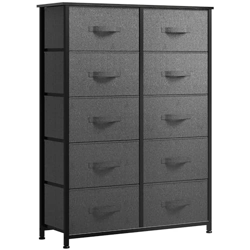YITAHOME 10 Drawer Dresser - Fabric Chest of Drawer, Organizer Unit for Bedroom, Living Room, Hallway, Closets & Nursery - Sturdy Steel Frame, Wooden Top & Easy Pull Fabric Bins (Dark Grey)