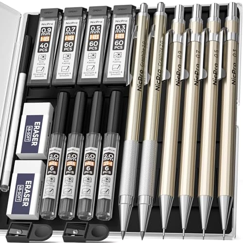 Limited-time offer: Nicpro 6PCS Metal Mechanical Pencil Set, Full Copper Drafting Pencil 0.3, 0.5, 0.7, 0.9 mm & 2PCS 2mm Graphite Lead Holder(4B 2B HB 2H) For Art Sketching Drawing With Lead Refills Eraser Case from $13.99 to $13.99 (save 0.00%)