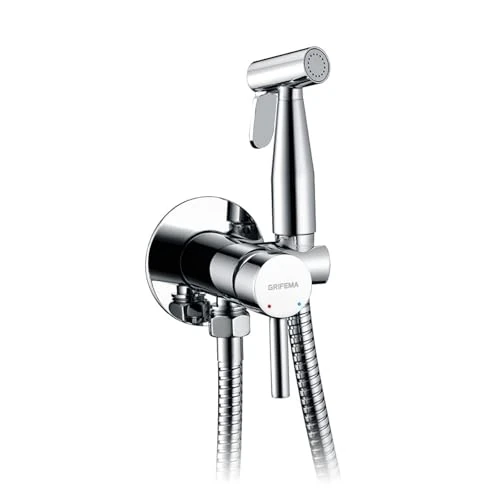 GRIFEMA Doccia per Bidet Portatile, Rubinetti per Bidet con supporto, Miscelatore Bidet ad Acqua Calda e Fredda, Cromo, Argento, G154-1