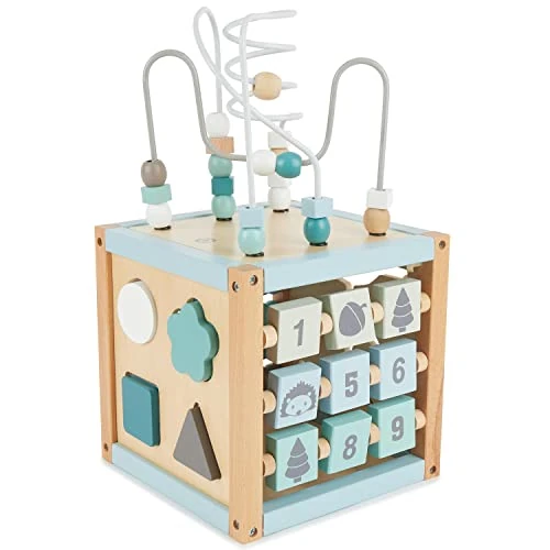 Bieco motorische activiteitenkubus Scandi-Chic duurzaam hout FSC® | busy board baby speelgoed 0-6 maanden | activiteitenbord | montessori speelgoed 1 jaar | sensorisch speelgoed