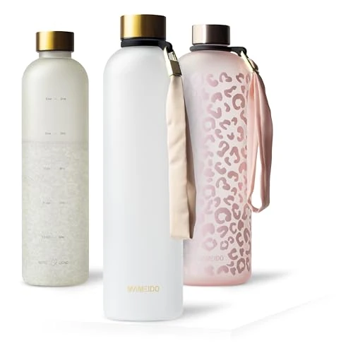 MAMEIDO Borraccia da 1 l Frosted White Gold – Bottiglia d'acqua Design Plastica con indicatore del tempo di motivazione, senza BPA, borraccia sportiva impermeabile per ginnastica, Detox