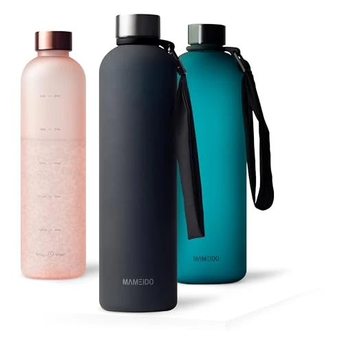 Offerta a tempo: MAMEIDO Bottiglia acqua 1 litro, Borraccia plastica tritan a tenuta stagna, senza BPA, bottiglia motivazionale con orario (Rich Black) - 60% da 22.99 € a 9.19 €