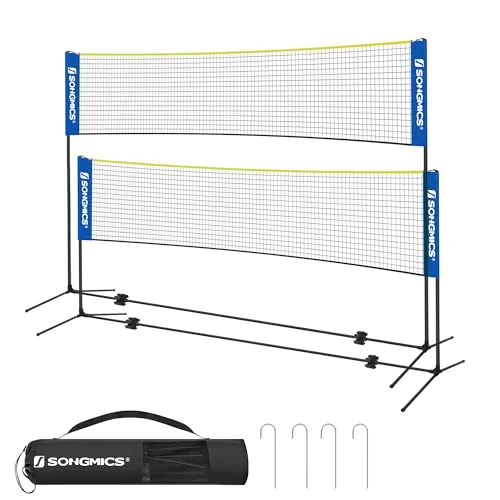SONGMICS Red de bádminton de 4 m, Red de Voleibol, Poste de Altura Ajustable, Juego portátil para Tenis, Playa, Voleibol, jardín, Parque, Exterior, Azul y Amarillo SYQ400Q02