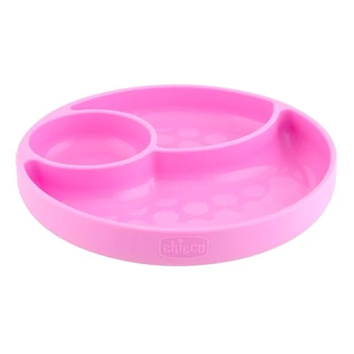 Chicco Piatto con Ventosa per Bebè e Bambini, Piatto Pappa in Silicone a Scomparti con 3 Aree, Morbido e Resistente, Lavabile in Lavastoviglie, Adatto per il Microonde, Senza BPA - 12+ Mesi, Rosa
