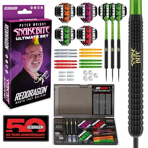 RED DRAGON Darts – Peter Wright Snakebite – Professionelles Dartset Ultimatives 50-teiliges Dart- und Zubehörset – 22 Gramm Dartset