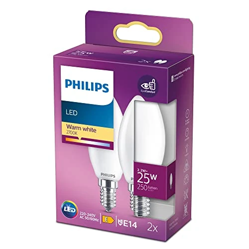 Limited-time offer: Philips LED Premium Classic B35 Frosted Light Bulb 2 Pack [E14 Small Edison Screw] 25W, Warm White 2700K, Non Dimmable from 6.59 GBP to 5.29 GBP (save 20%)