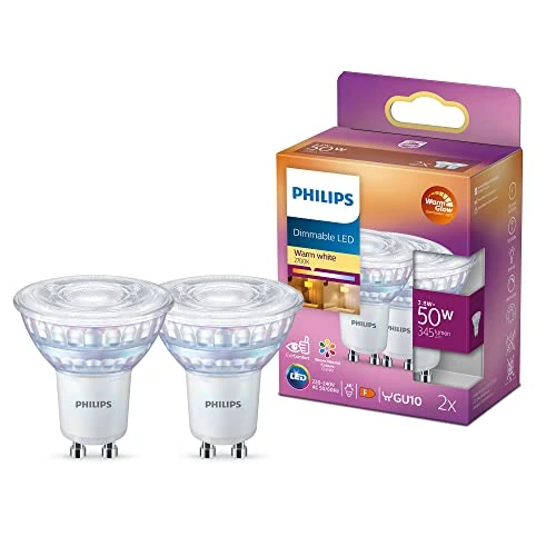 Tijdelijke aanbieding: Philips LED-Spot 2-pack - Warmwit licht - GU10 - 50 W - Dimbaar - Energiezuinige LED-verlichting van 14.65 EUR naar 10.99 EUR (korting 25%)