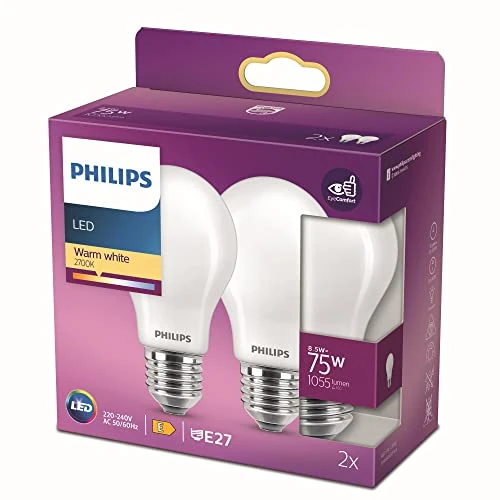 Limited-time offer: Philips LED Premium Classic A60 Frosted Light Bulb 2 Pack [E27 Edison Screw] 8.5W - 75W Equivalent , Warm White 2700K, Non Dimmable from 10.42 £ to 8.56 £ (save 18%)