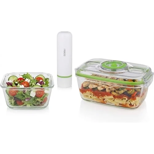 Princess Set de Boîtes Alimentaires en Verre avec Mise sous Vide Manuelle, Pompe à Vide Électrique avec Câble USB, 2 Récipients Résistants à la Chaleur, 2 Couvercles Sans BPA, Hermétique, 492985