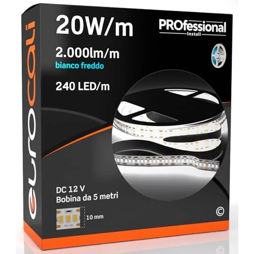 Eurocali 1x Striscia LED Monocolore 1200 LED 100W 240 LED/metro Bobina da 5mt IP20 da interno Luce Bianco Freddo 6500K Fascio Luminoso 120°