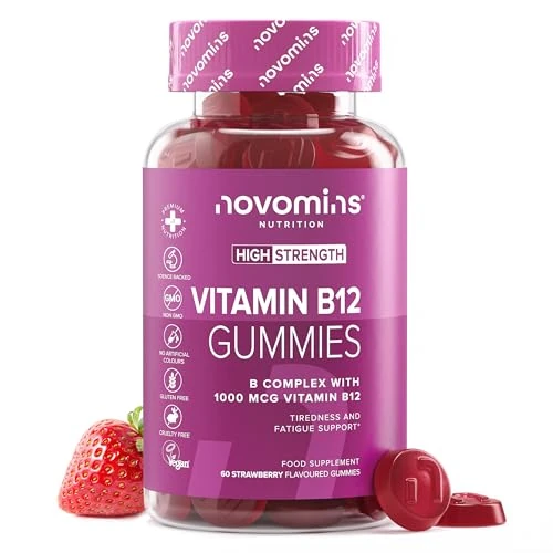 Vitamina B12 Gominolas 1000 mcg - Vegan y Sin Gluten B12 Vitamina - Vitamina B Complex - Complejo Vitamina B, B12, B6, B2, B1, Biotina - 60 Gominolas - Suministro para 1 Mes - Novomins