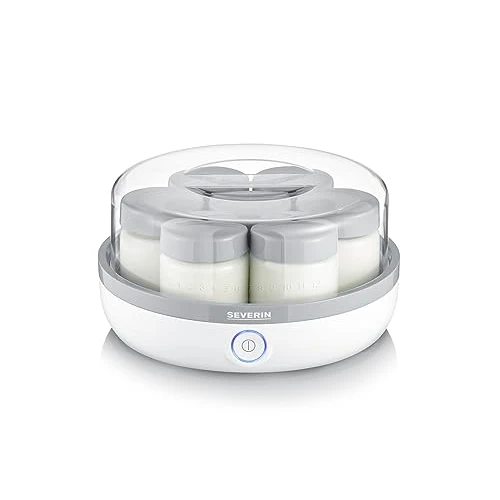 Severin Yogurtera con tapa transparente, incluye 7 tarros con tapa antiderrames de 150 ml cada uno, 13 W, 100 % libre de BPA, dimensiones 24 x 24 x 12.5 cm, Blanco/gris JG 3518
