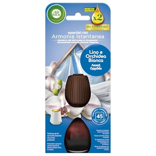 Airwick Ricariche per Diffusore di Oli Essenziali, 1 Ricarica per Profumatore per Ambienti alla Fragranza Lino e Orchidea Bianca con Oli Essenziali, L'imballaggio può variare