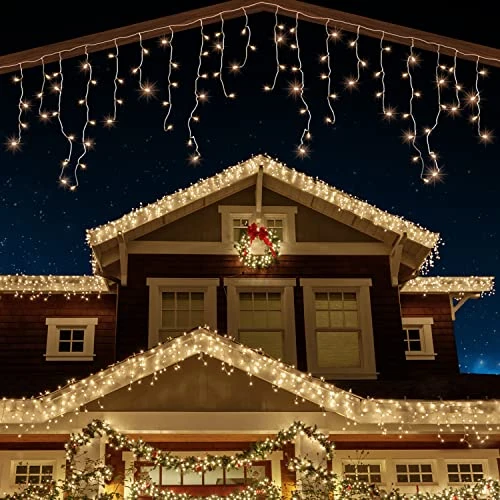 Łańcuch świetlny na zewnątrz 320 LED 11 m lodowy deszcz łańcuch świetlny na zewnątrz Boże Narodzenie z timerem do użytku na zewnątrz sople lodu zasilanie Boże Narodzenie dekoracja / wesela / impreza ciepła biel - jasny kabel