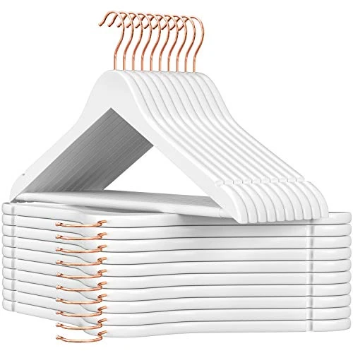 SONGMICS Drewniany wieszak 20 sztuk, z nacięciami antypoślizgowymi, drążek antypoślizgowy do spodni, hak obrotowy 360°, do garniturów, koszuli, płaszczy, białego i różowego złota CRW001W01