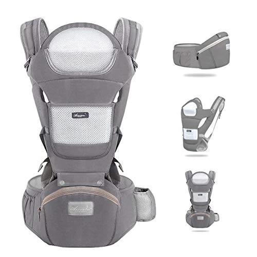 Babydraagzak 0-36 maanden, ergonomische babydrager minder dan 25 kg, babydrager met multi-positiezitting, hoofdsteun en capuchon, puur katoen, ademend, licht, grijs