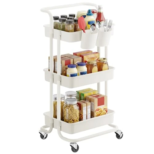 Offre limitée : SONGMICS Chariot de Rangement, 3 Niveaux, Desserte sur roulettes, Étagère, Poignée, 2 Pots, 2 Freins, Paniers en Plastique, Montage Facile, Chambre, Cuisine, Blanc BSC067W01 de 26.99 € à 23.99 € (11% de remise)