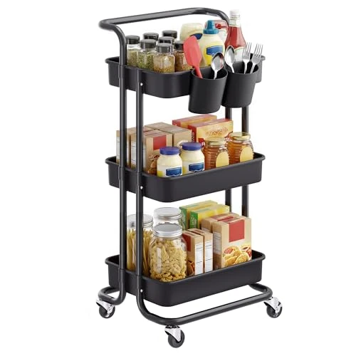 Offre limitée : SONGMICS Chariot Roulant, Panier de Rangement à 3 Niveaux, avec poignée, 2 Petits organisateurs, Cadre en Acier, paniers en Plastique, pour Chambre, buanderie, Salle de Bain, Noir BSC067B01 de 27.99 € à 27.99 € (0.00% de remise)