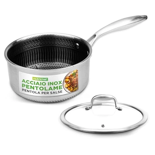 Limited-time offer: NutriChef Stainless Steel Sauce Pan with Lid 1.9L, Non-Stick Etched Honeycomb Coating, Triply Saucepan, Ceramic Pot Surface, Scratch-Resistant, Glass Cover, 16 cm Sauce Pot for All Hobs from 35.33 GBP to 35.33 GBP (save 0%)