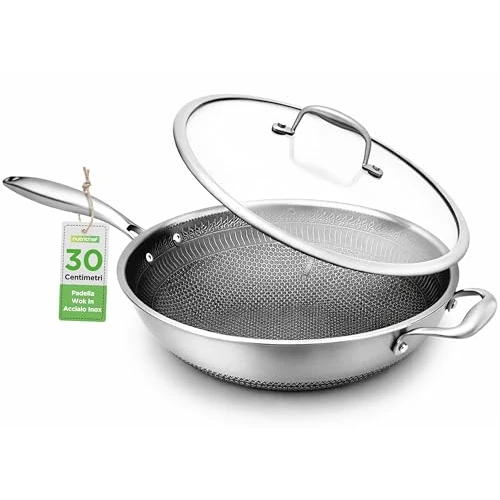 Oferta limitowana: Nutrichef Wok nieprzywierający ze szklaną pokrywką, sześciokątne naczynia do smażenia ze stali nierdzewnej 30 cm, kompatybilne indukcyjnie, wzór plastra miodu, odporne na zarysowania, styl głębokiego z 268.81 zł na 268.81 zł (oszczędź 0