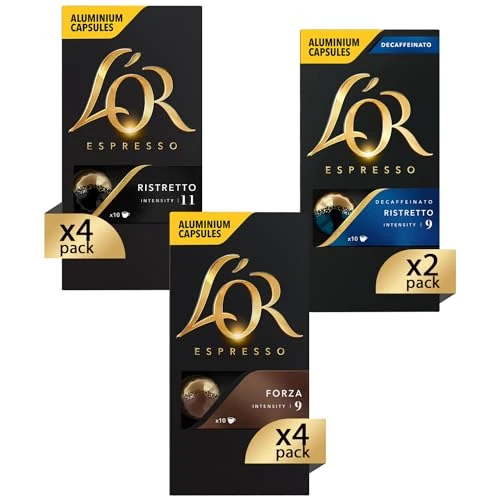 Offerta a tempo: L'Or - Capsule Caffè Espresso Confezione Mista - Variety Pack Espressi - Capsule in Alluminio Compatibili Nespresso®* original - 10 Pacchetti [100 Caps: 40 Ristretto, 40 Forza, 20 Decaffeinato] - 0% da 41.99 € a 41.99 €