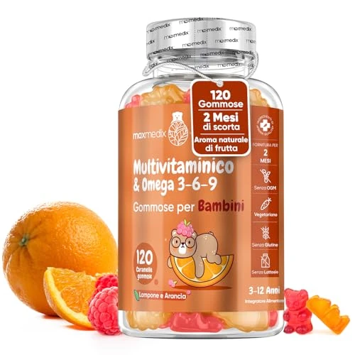 Offerta a tempo: Vitamine Bambini con Omega 3 6 9, 120 Gommose (2 Mesi), 12 Vitamine con Zinco e Inositolo, Multivitaminico Bambini, Gusto di Lampone e Arancia, per Vegetariani, Adatto dai 3 ai 12 Anni, Senza Glutine — 26% da 13,99 € a 10,36 €