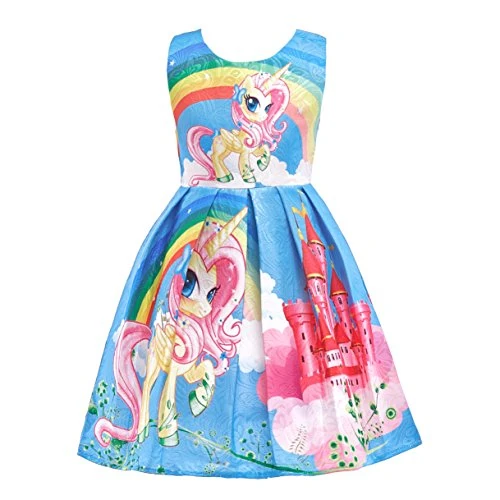 Lito Angels Girls Kids Rainbow Unicorn Dresses Costume Fancy Dress Up Outfit Halloween Party Age 9-10 Years Blue C