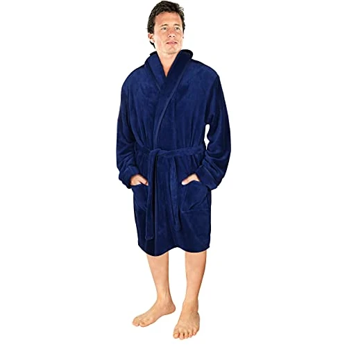 Luksusowy szlafrok męski NY Threads |Super miękki polarowy szlafrok| Przytulna odzież codzienna i nocna z szalowym kołnierzem (Marynarka wojenna,średni)