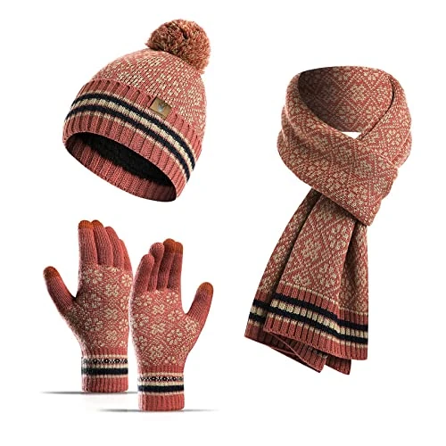 INSISMY Hat Scarf Gloves Set Women's Beanie Hat Long Scarf Thermal Touch Screen Gloves Set 3 PCS Soft Warm Winter Knitted Snowflake Pattern Retro Pom Cap Set for Ladies Men Red