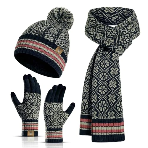 Limited-time offer: INSISMY Hat Scarf Gloves Set Women's Beanie Hat Long Scarf Thermal Touch Screen Gloves Set 3 PCS Soft Warm Winter Knitted Snowflake Pattern Retro Pom Cap Set for Ladies Men from 19.99 GBP to 18.99 GBP (save 5%)