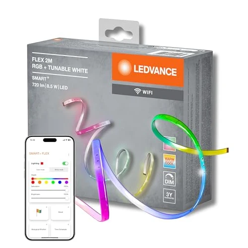 Zeitlich begrenztes Angebot: LEDVANCE LED Smartes LED Lichtband mit WiFi Technologie für Innen, 2 Meter Länge, Lichtfarbe änderbar (2700-6500K), RGB Farben änderbar, Schutzart IP20, SMART+ FLEX MULTICOLOR von 89.98 € auf 4.98 € (94.47% Rabatt)