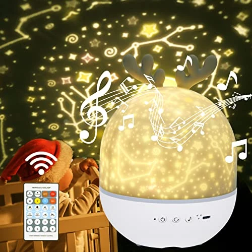 Offerta a tempo: URAQT Luce Notturna Bambini Proiettore, 360°Rotazione Musicale Proiettore per Bambini Notturna con 6 Colori, Telecomando, Timer, USB Ricaricabile Proiettores Stelle Soffitto, Regalo Neonato,Compleanno - 38% da 28.99 € a 17.99 €