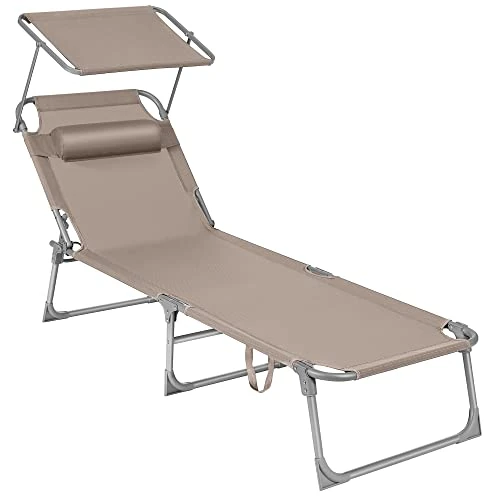 SONGMICS Ligstoel, inklapbaar, ligstoel, 193 x 53 x 29 cm, draagkracht 150 kg, met zonneklep en kantelbare rugleuning, voor tuin, zwembad, terras, taupe GCB192K01