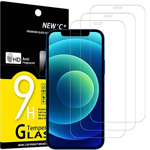 NEW'C 3 Piezas, Protector Pantalla para iPhone 12, iPhone 12 Pro (6,1 Pulgadas), Cristal Templado Antiarañazos, Antihuellas, Sin Burbujas, Dureza 9H, 0.33 mm Ultra Transparente, Ultra Resistente