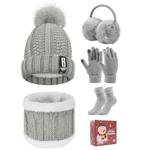 Limitiertes Angebot: Voqeen Wintermütze Mütze Schal Handschuhe Set Damen Fleecefutter Strickmütze mit Pompon Touchscreen Handschuhe Weiche Wärmer Winter Ohrenschützer Socken Geschenke 5 Sets für Frauen (Grau) von 22.99 EUR auf 14.99 EUR (Spare 35%)