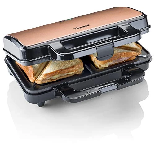 Bestron Sandwich Maker, 900W XL Griddle, Non-Stick Toaster for 2 Sandwiches, Modern, Metal, Black/Copper