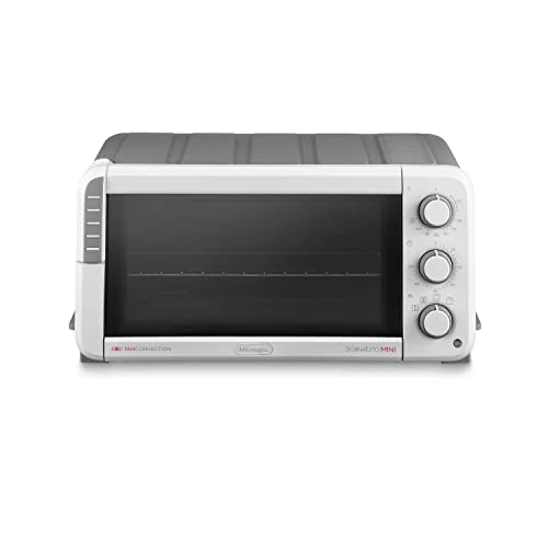 De'Longhi EO12512.WG Mini Electric Cooker, 12 L Capacity, 5 Cooking Functions, Timer with Auto Shut-off, Air Fryer, Double Glass Door, 1400 W, White/Grey