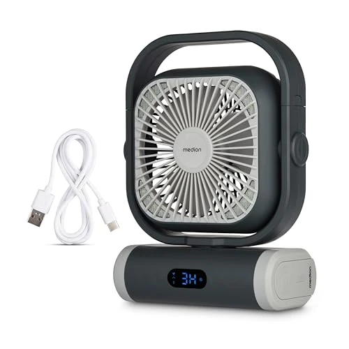 Offerta a tempo: MEDION Ventilatore E10 TF (batteria, mini ventilatore USB portatile con luce, telecomando, 5 velocità, oscillazione, gancio per appendere, funzione powerbank, ideale per ufficio campeggio tenda) - 56% da 44.95 € a 19.95 €