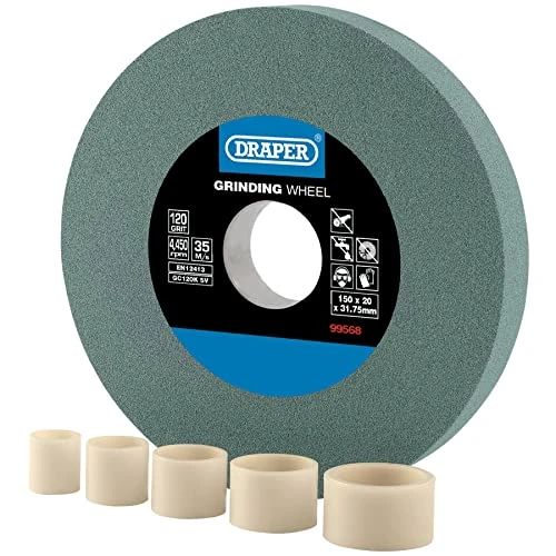 Limited-time offer: Draper 150mm x 20mm Bench Grinding Wheel | 120 Grit TCT Tool Sharpener | 5 Reduction Rings | Dry Cutting | 31.75mm Bore | 99568 from 15.53 £ to 15.53 £ (save 0.00%)