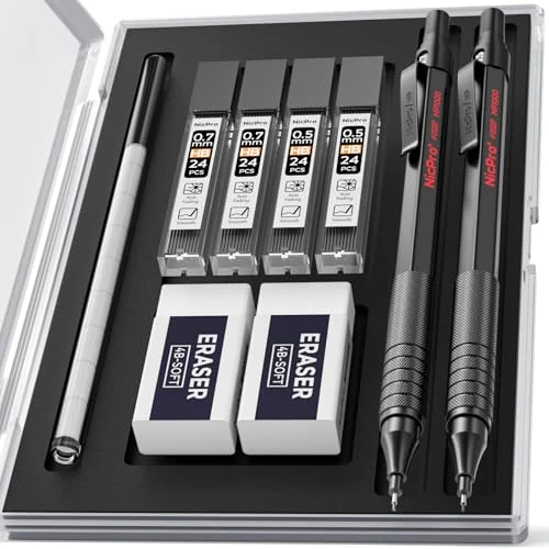 Offerta a tempo: Nicpro 2 Pezzi Nero Metallo Matite Meccaniche Set, Portamine Art Matite 0,5 mm & 0,7mm con 4 Tubi HB Mine, 2 Gomma, Astuccio Per Artista Scuola Studenti Disegno Scrittura Schizzi - 43% da 18.99 € a 10.79 €
