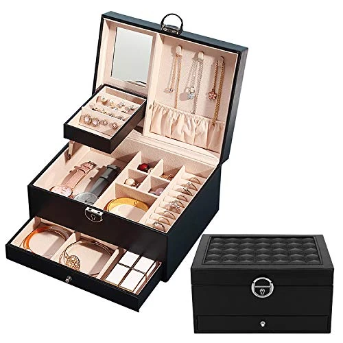 Offerta a tempo: Podazz Portagioie Donna, Scatola di immagazzinaggio di gioielli in Pelle PU con 2 Strati con chiusura a chiave, per orecchini, anelli, collane, orologi, con cassetto e chiave - Nero - 20% da 29.99 € a 23.99 €