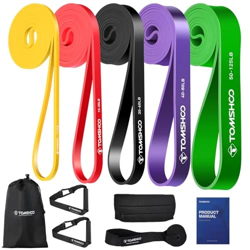 TOMSHOO Resistance Loop Bands, 5 Packs Pull Up Assist Bands Set Latex Huidvriendelijk met Dubbele Handgrepen en Deuranker, Workout Bands voor Powerlifting CrossFit Stretching Gym Yoga Krachttraining