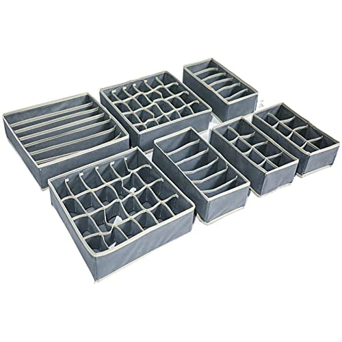 TLOXO 7 Set Clothes Organizers Dresser Drawer Organization,Drawer Insert,Foldable Closet Organizer Underwear Basket Cubes Containers for Storing Bras,Baby Clothing,T-Shirt,Socks, Scarves,Ties -Grey
