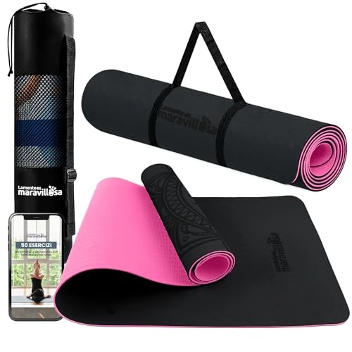 LA MENTE ES MARAVILLOSA - Yoga, Pilates and Other Sports Mat - Non-Slip TPE with Bag and Shoulder Strap | Eco-Friendly - Non-Toxic - 72" x 24" (Mandala Black + Pink)