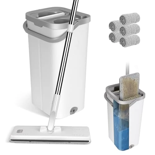 Serpillière et Seau Essoreur, Masthome Balai Serpillère Microfibre avec 5 Tampons, Balai Plat Rotatif 360° Serpillère Essoreur pour Nettoyage de Sol