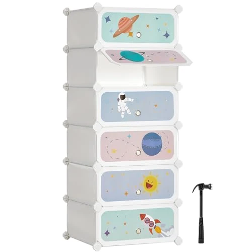 SONGMICS Kinderschuhregal, Aufbewahrungsschrank, Schuh-Organisator, für Kinder, mit 6 Fächern, mit Kunststoffplatten, Kleiderschrank mit Türen, 43 x 31 x 105 cm, weiß LPC904W01