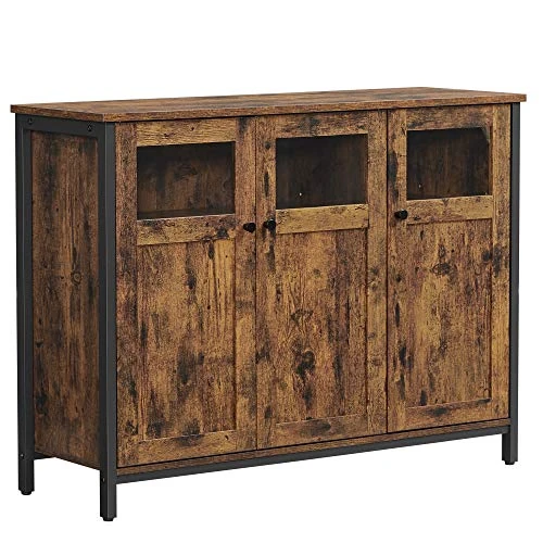 VASAGLE dressoir, keukenkast, opbergkast, met glazen deuren, voor woonkamer, keuken, eetkamer, stalen frame, industriële stijl, vintage bruinzwart LSC099B01