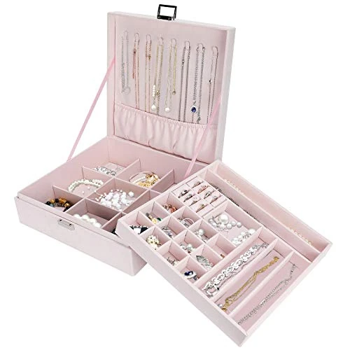 ProCase Sieradendoos-organizer voor Dames, Tweelaags Sieraden Display-opbergkoffer met 8 Kettinghangers en Verwijderbare Scheidingswand voor Oorbellen, Armbanden, Ringen, Horloges –Roze